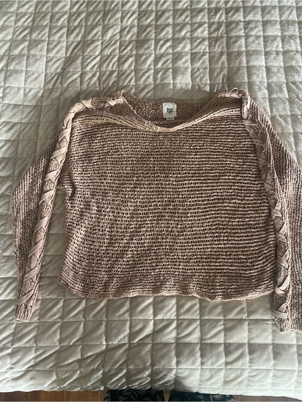 Billabong Blush Pink Crochet Crewneck Sweater with Braided Sleeve Detail